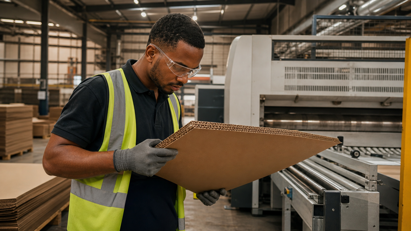 VOLIF quality inspector checking freshly cut corrugated board